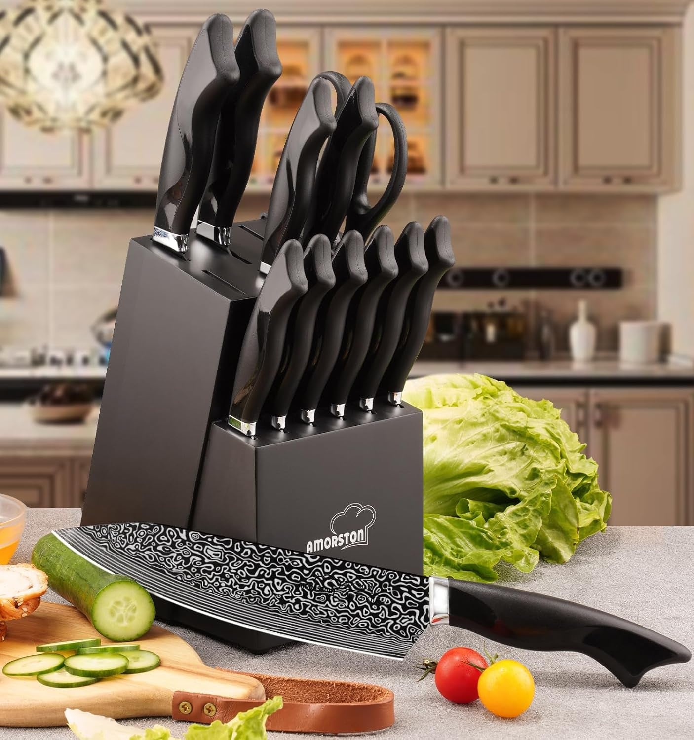 Knife Set, 5 Pieces Kitchen Knife Set with Built in Sharpener, High Carbon German Stainless Steel Knife Block Set, Dishwasher Safe