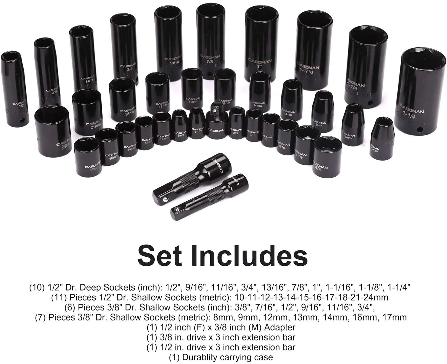 Complete 3/8" and 1/2" Drive Impact Socket Set, Sae/Metric, High Torque, 3/8"- 1-1/4", 8 Mm - 32 Mm, Deep & Shallow, 38-Piece Impact Socket Set
