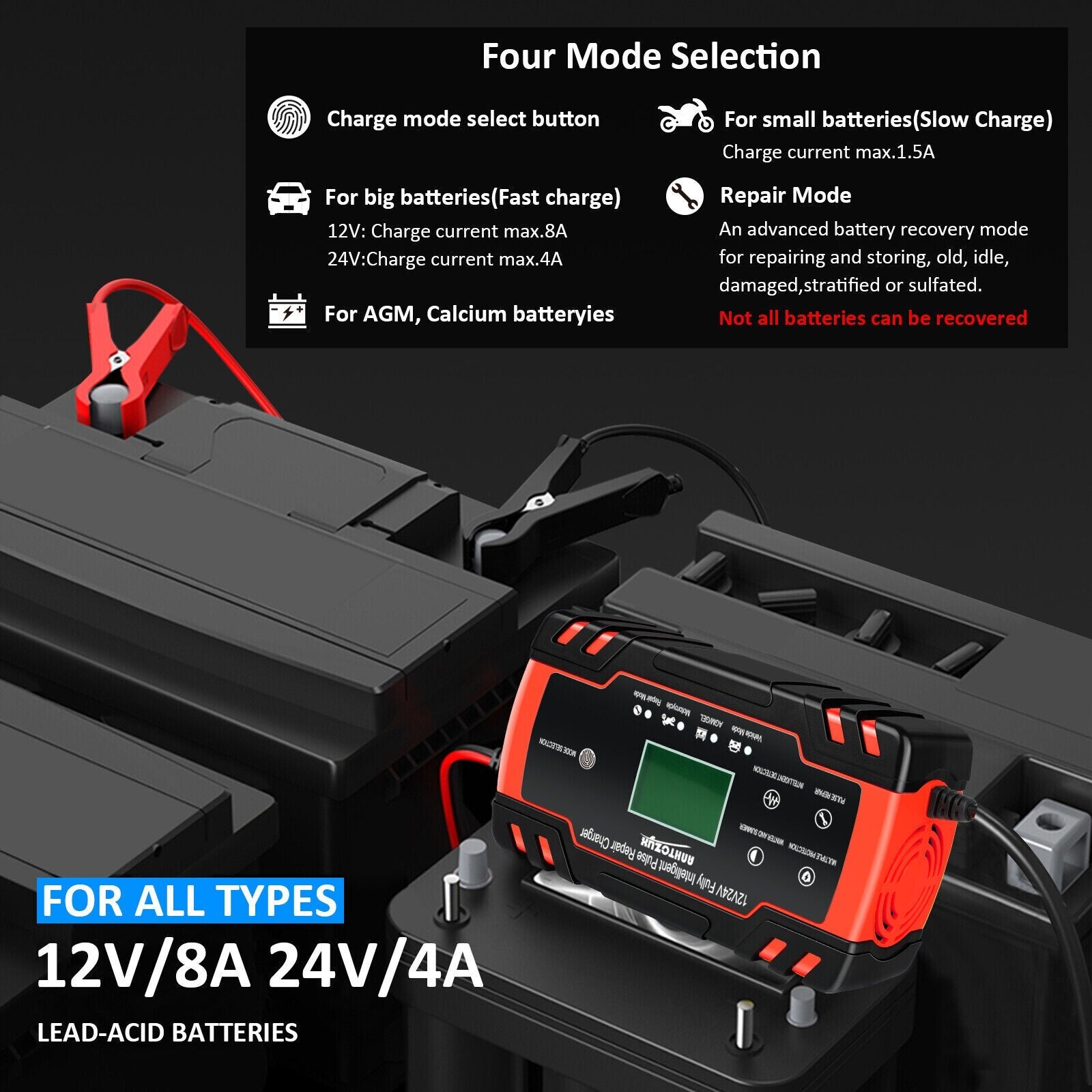 Automatic Intelligent Car Battery Charger 12/24V 8A Pulse Repair Starter AGM/GEL