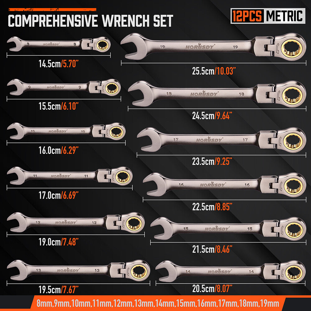 12PC Flex-Head Ratcheting Wrench Set Set W/ Organizer Metric/Sae 8-9Mm 1/4”-7/8“
