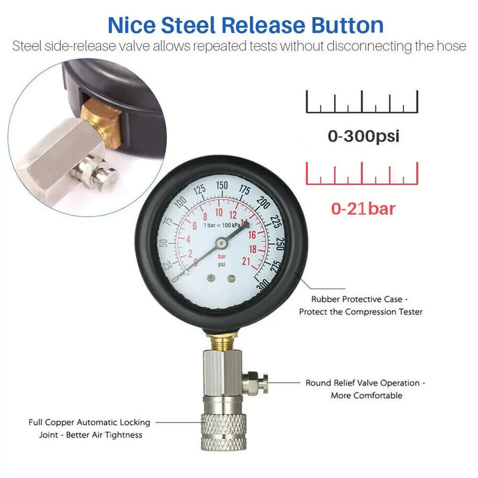 Engine Cylinder Compression Gauge Tester Kit Gas Engine Diagnostic Testing Tool.