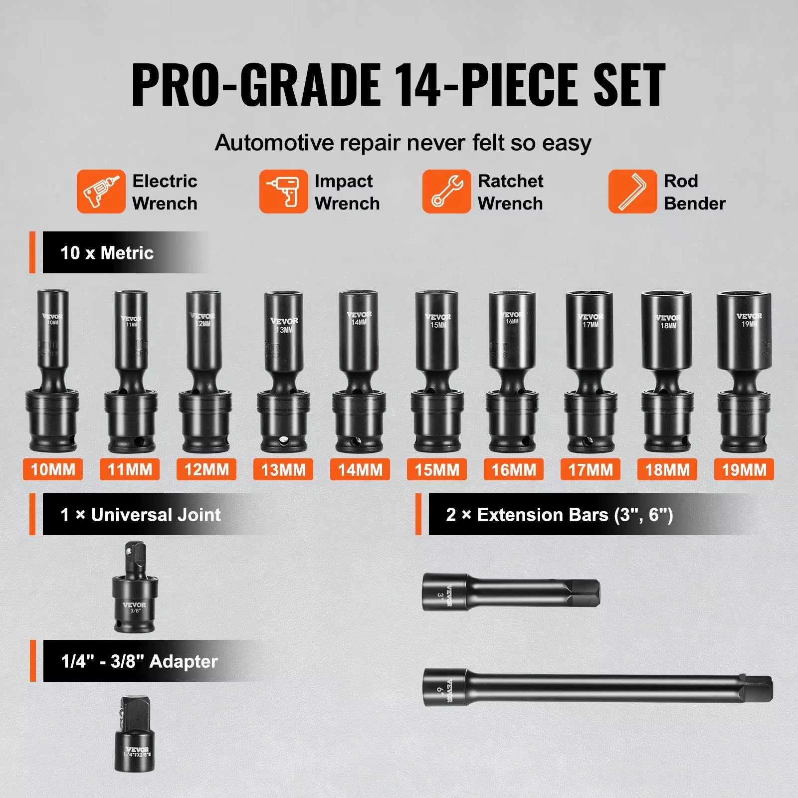 DB Wholesale 360 Degree Swivel Impact Socket Set 14Pcs 6-Point 3/8In Drive DIY Grade CR-V Material Chrome Finish Customizable OEM