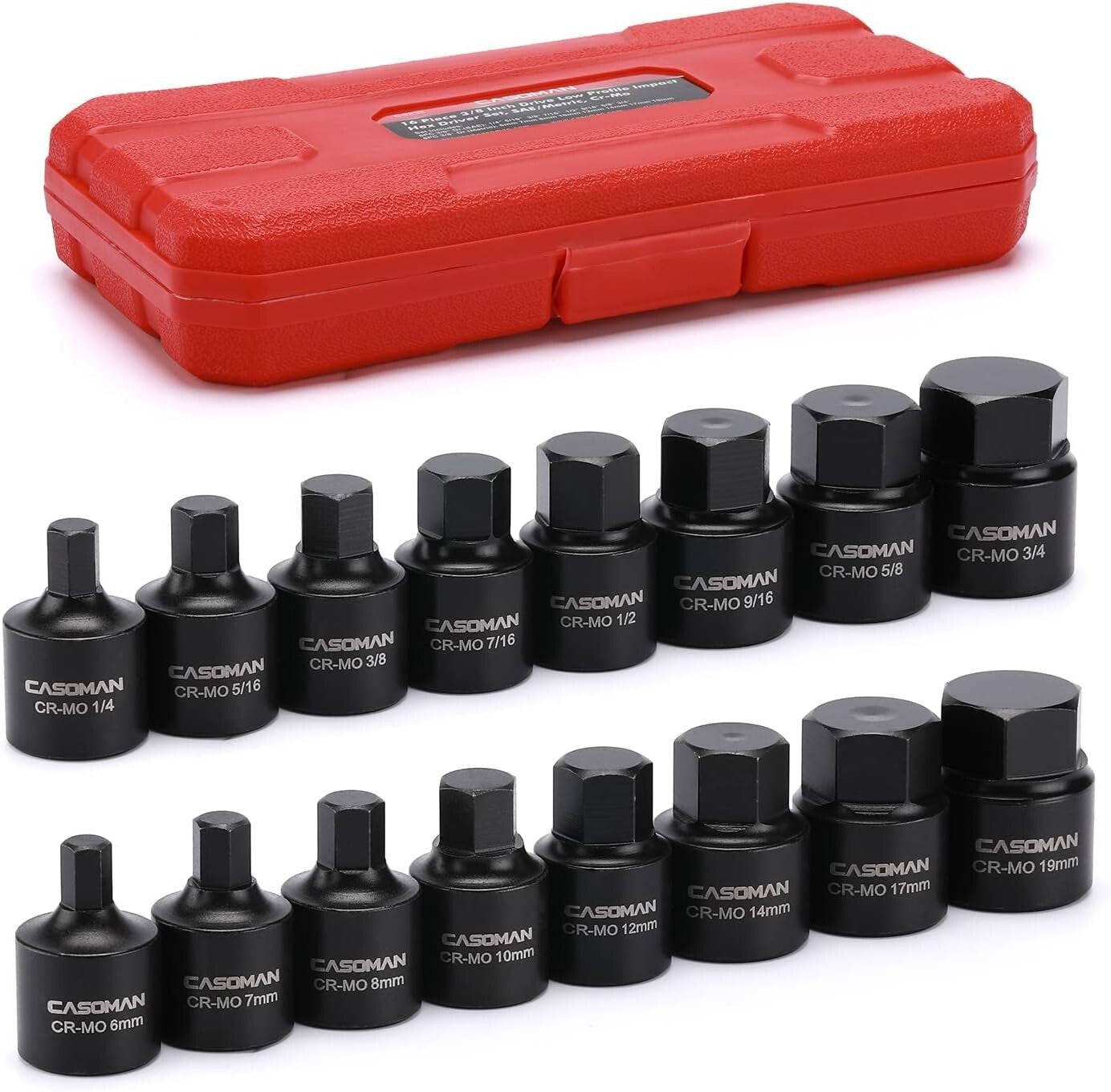 16 PCS 3/8" Drive Low Profile Impact Driver Set SAE & Metric Hex Bit Socket Set