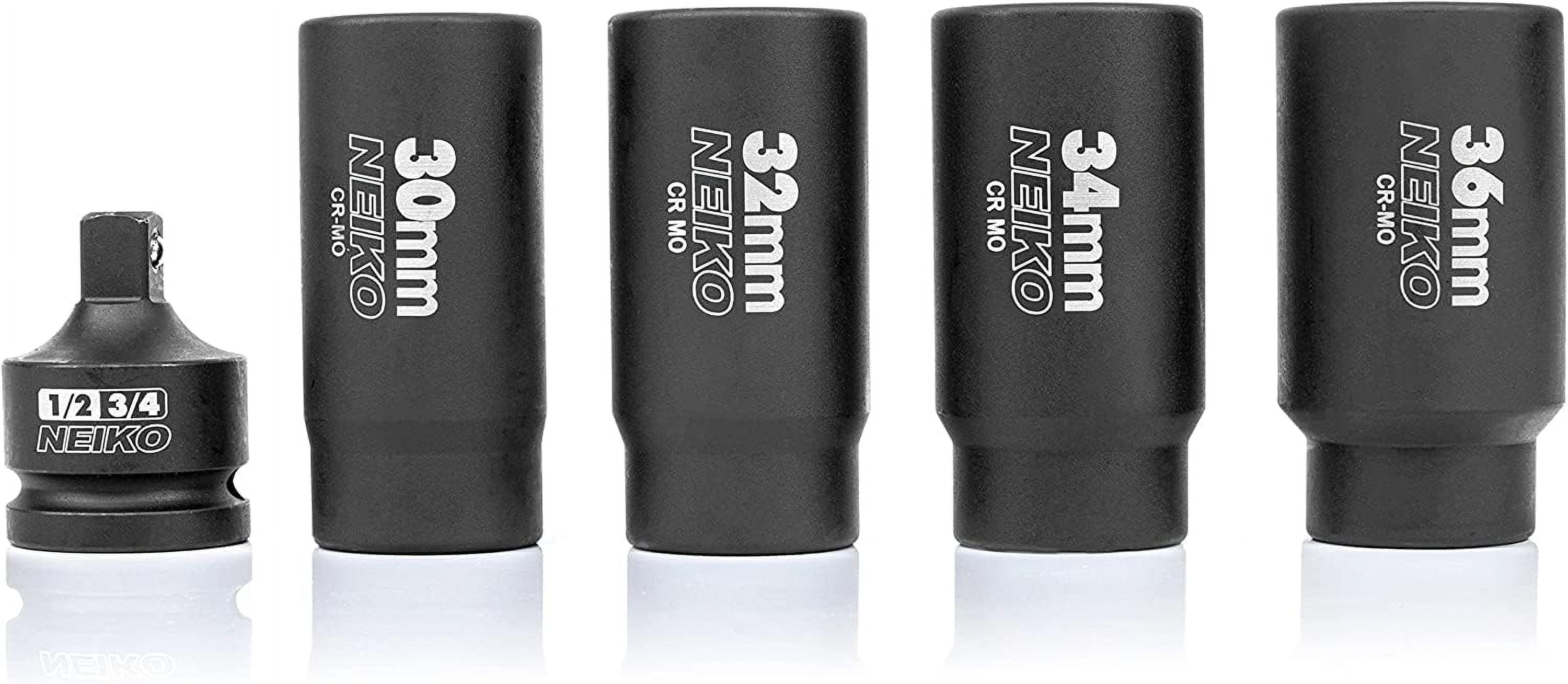 02530A 5 Piece 12 Point Socket Set 1/2” Drive, Lug Nut Remover, Spindle Nut Socket, Axle Nut Socket Set, Metric 30Mm - 36Mm Socket 1/2 Drive Impact Set, Cr-Mo Impact Adapter, 3/4" -1/2” Reducer