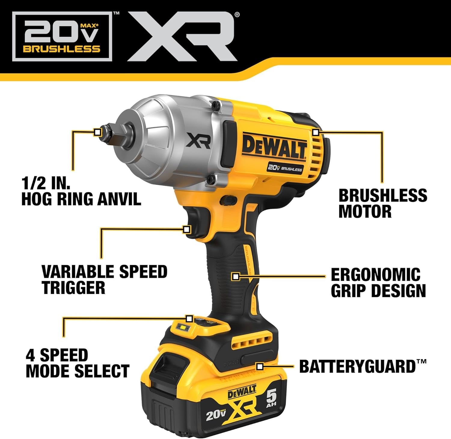 20V MAX Cordless Impact Wrench Kit, 20V MAX, 1/2" Hog Ring with 4-Mode Speed, Includes Battery, Charger and Kit Bag (DCF900P1)