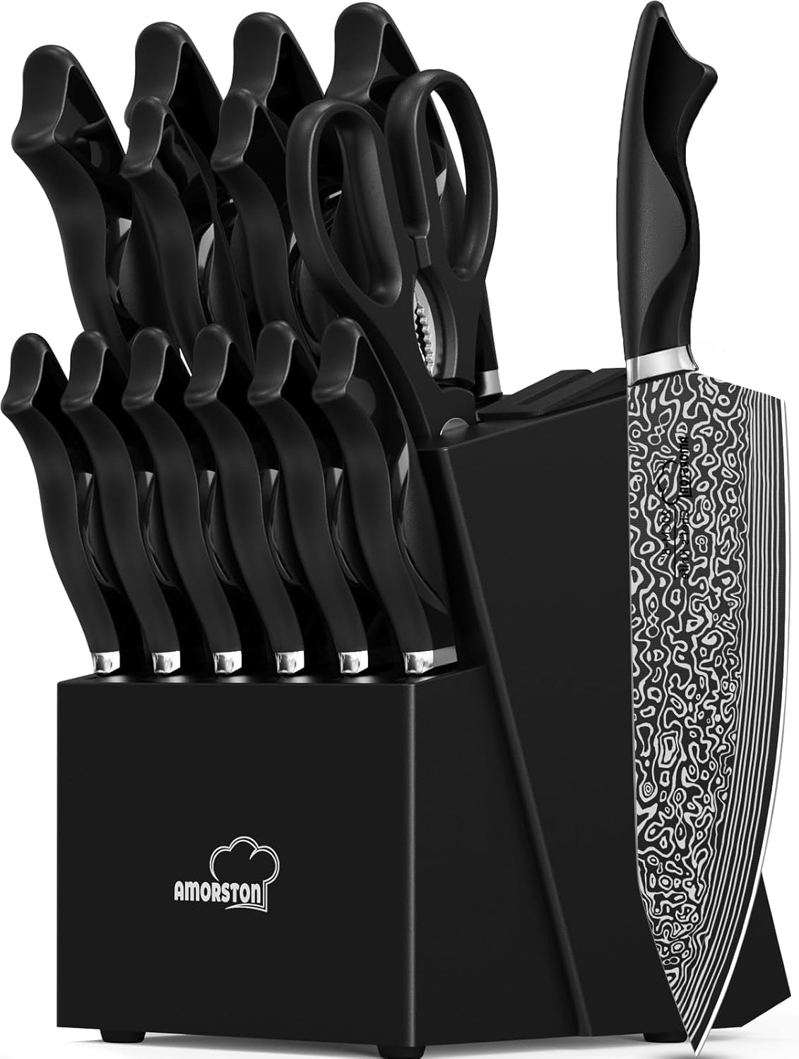 Knife Set, 5 Pieces Kitchen Knife Set with Built in Sharpener, High Carbon German Stainless Steel Knife Block Set, Dishwasher Safe