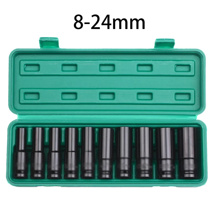 1/2Inch Drive 6-Point Impact Socket Set 10-Piece Metric Sizes 8-24M/10-24Mm Carbon Steel Impact Socket Set with Hard Storage Box