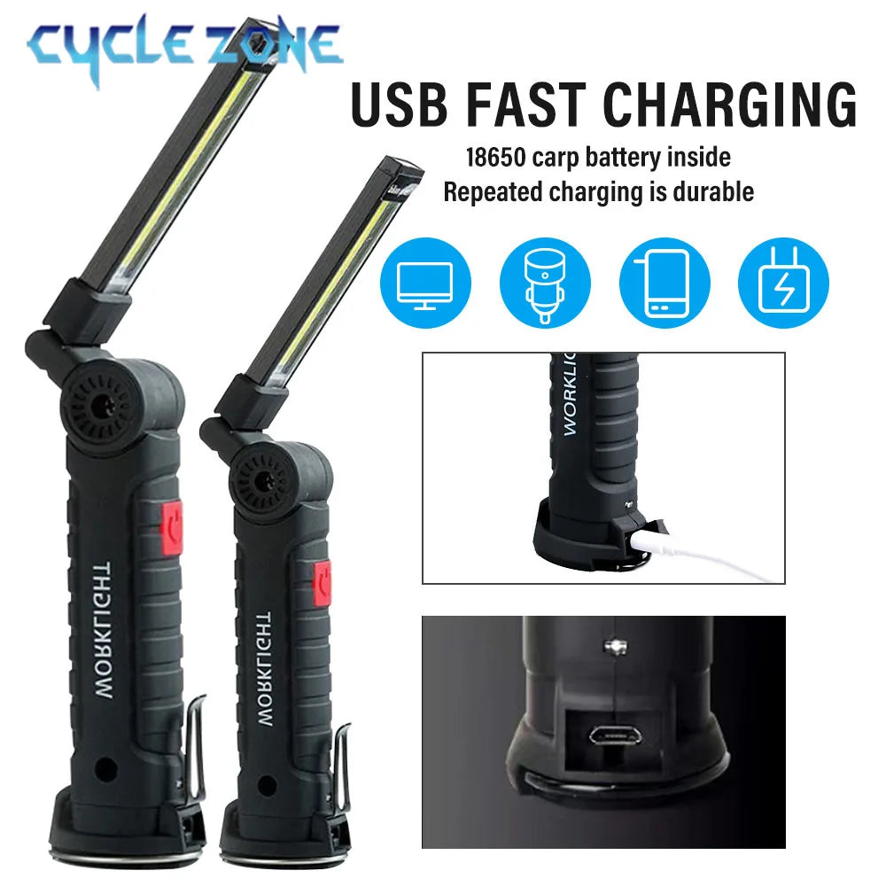 Rechargeable Camping LED Work Light COB Flashlight with Magnet and Hook Waterproof 5 Lighting Modes Suitable for Night Work