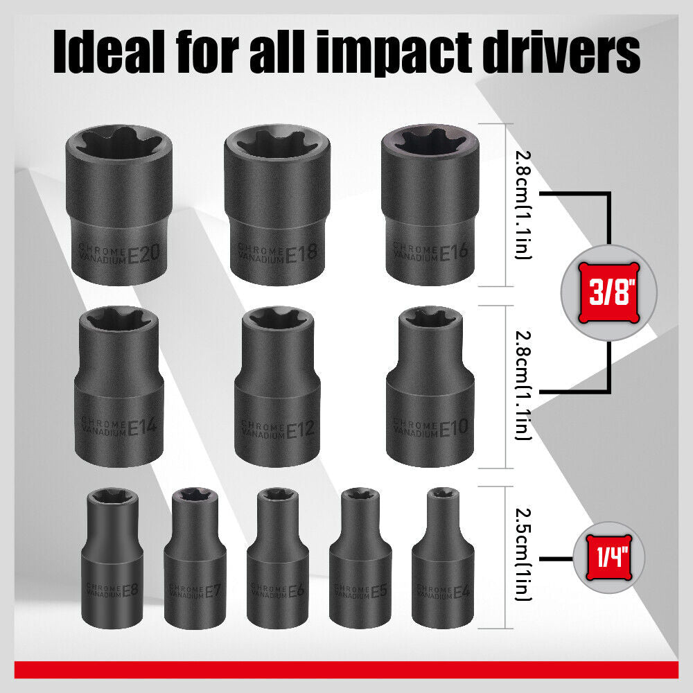 11 Pc Female E Torx Star Socket Set & Rail E4-E20 Driver Torque Socket 3/8" 1/4"