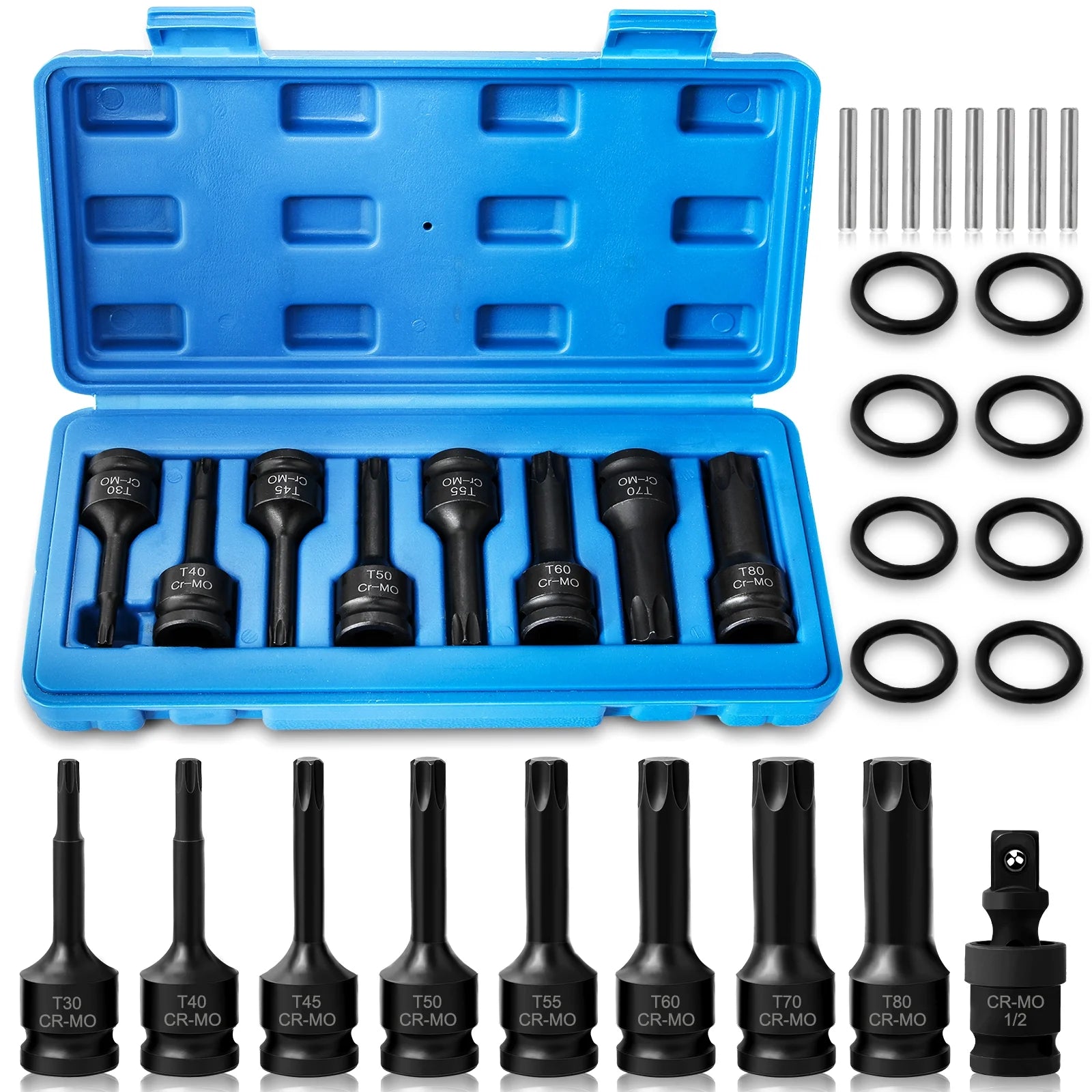 1/2 Inch Impact Torx Bit Socket Set,Cr-Mo Impact Grade,T30-T80 Torx Sockets with Socket Adapter