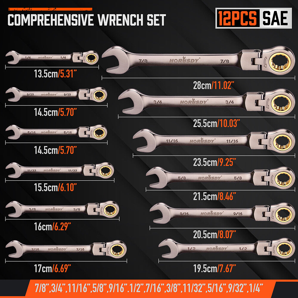 12PC Flex-Head Ratcheting Wrench Set Set W/ Organizer Metric/Sae 8-9Mm 1/4”-7/8“