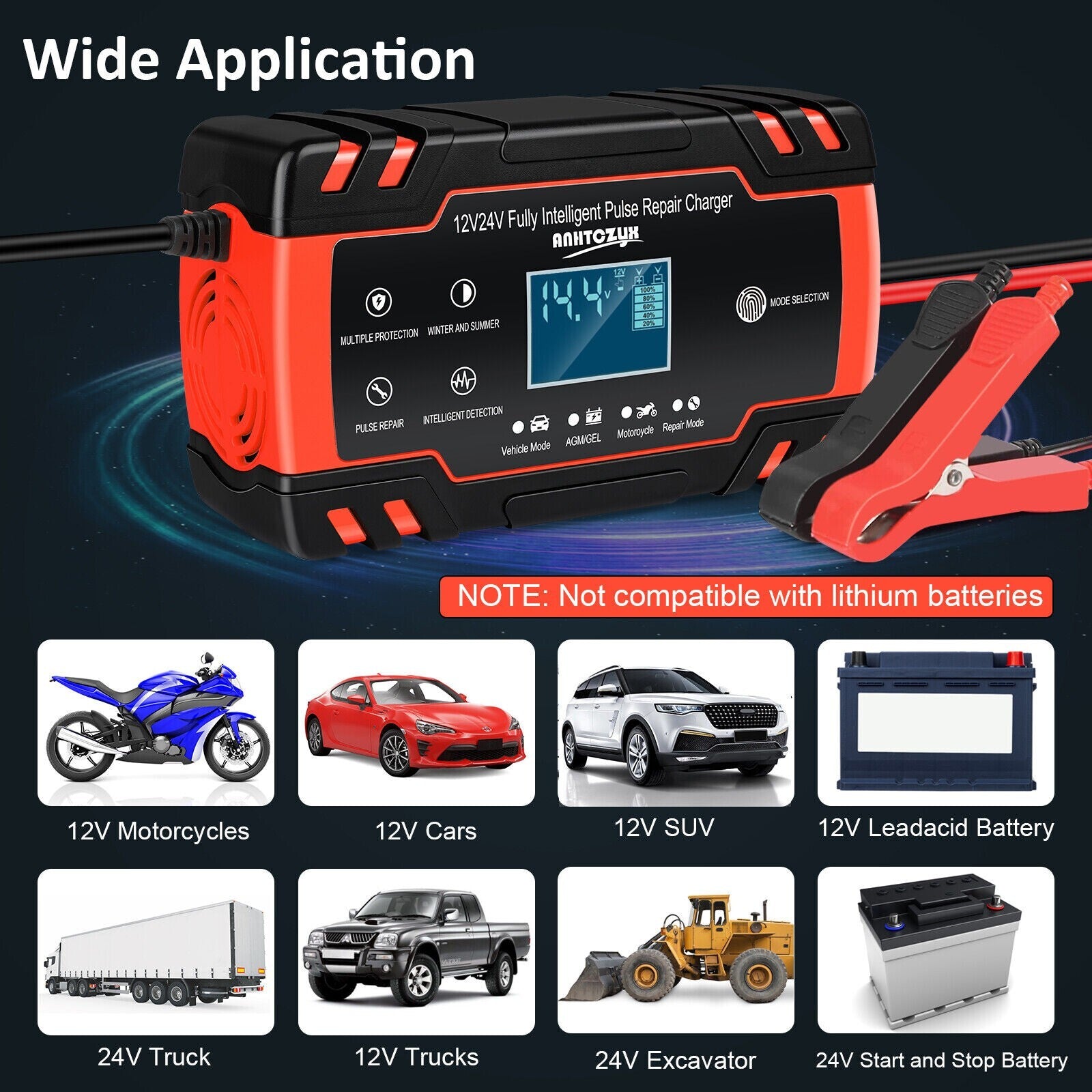 Automatic Intelligent Car Battery Charger 12/24V 8A Pulse Repair Starter AGM/GEL