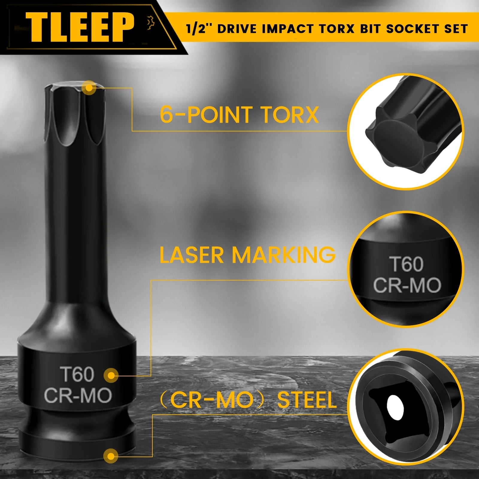1/2 Inch Impact Torx Bit Socket Set,Cr-Mo Impact Grade,T30-T80 Torx Sockets with Socket Adapter
