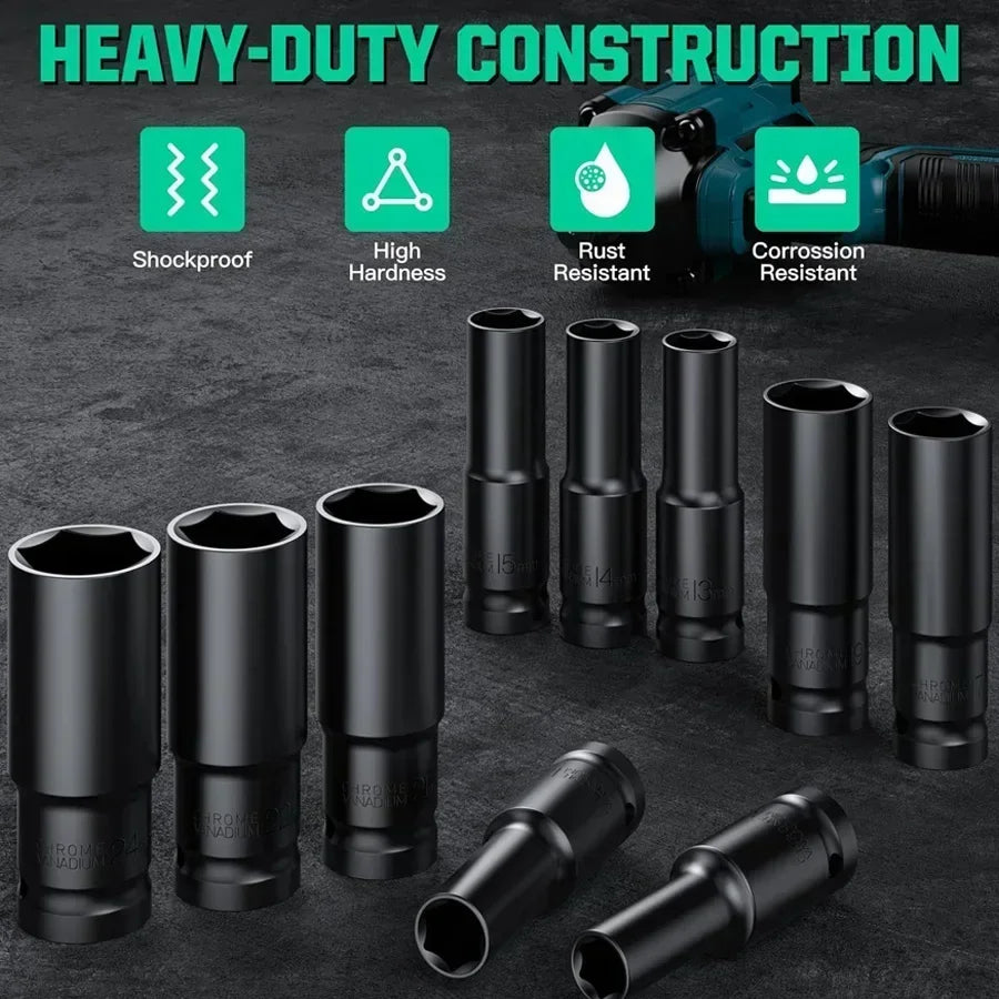 1/2Inch Drive 6-Point Impact Socket Set 10-Piece Metric Sizes 8-24M/10-24Mm Carbon Steel Impact Socket Set with Hard Storage Box
