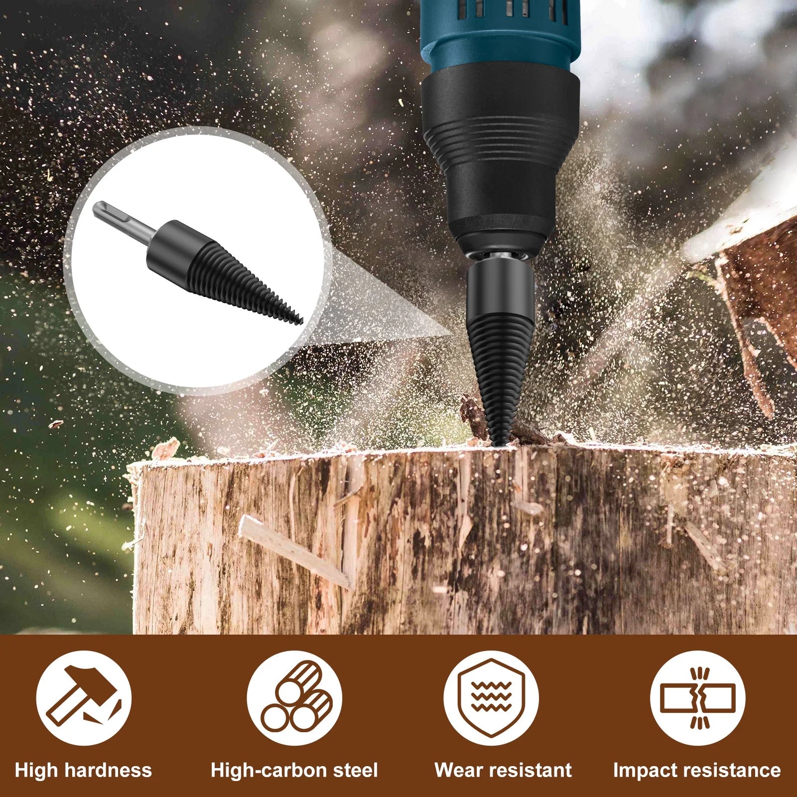 Wood Splitting Drill Bit High Speed Steel Firewood Log Splitter Drill Bit Wood Punch Cone Driver Drill Bit Woodworking Tool with Connecting Rod for Electric Drill Power Tool