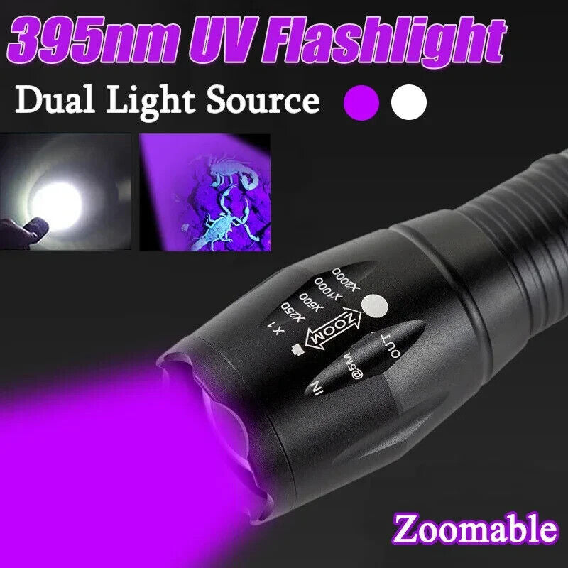 UV Flashlight LED Torch Zoomable Ultra Violet Black White Dual Light Detector
