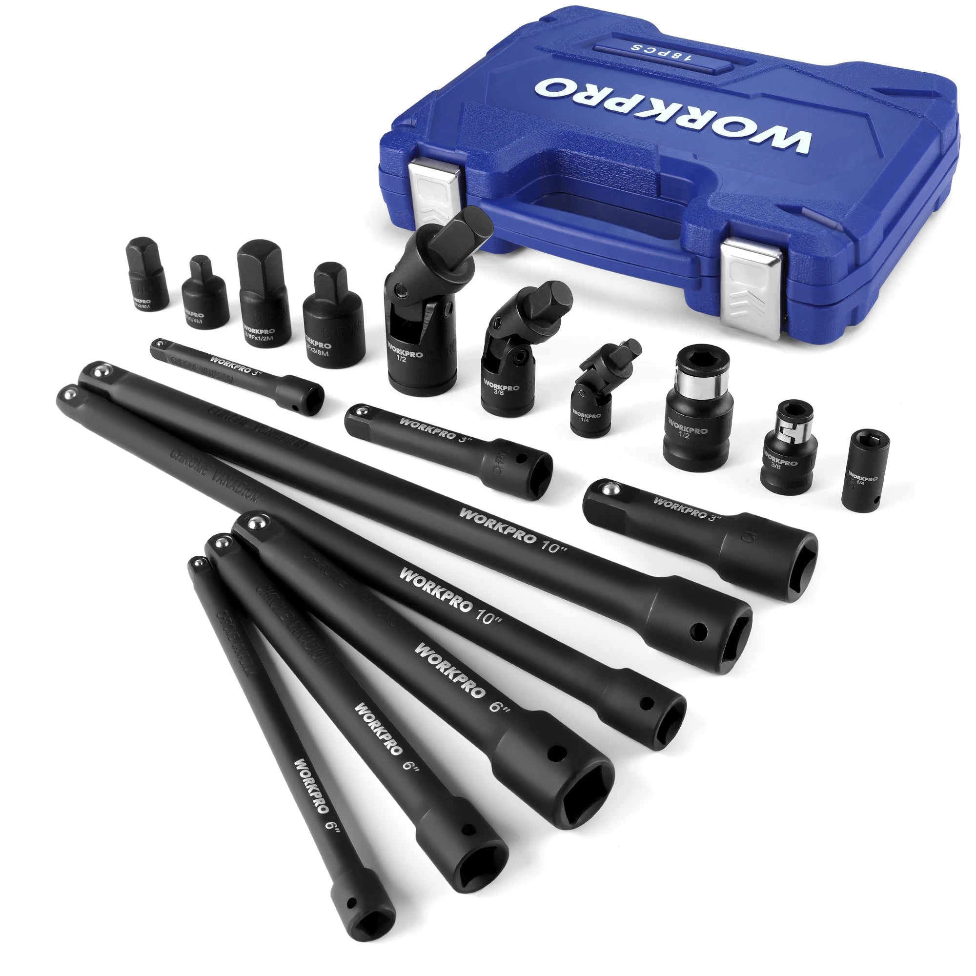 18Pieces Drive Tool Accessory Set Includes Socket Adapters Socket Extension Bar Swivel Universal Joints Impact Coupler