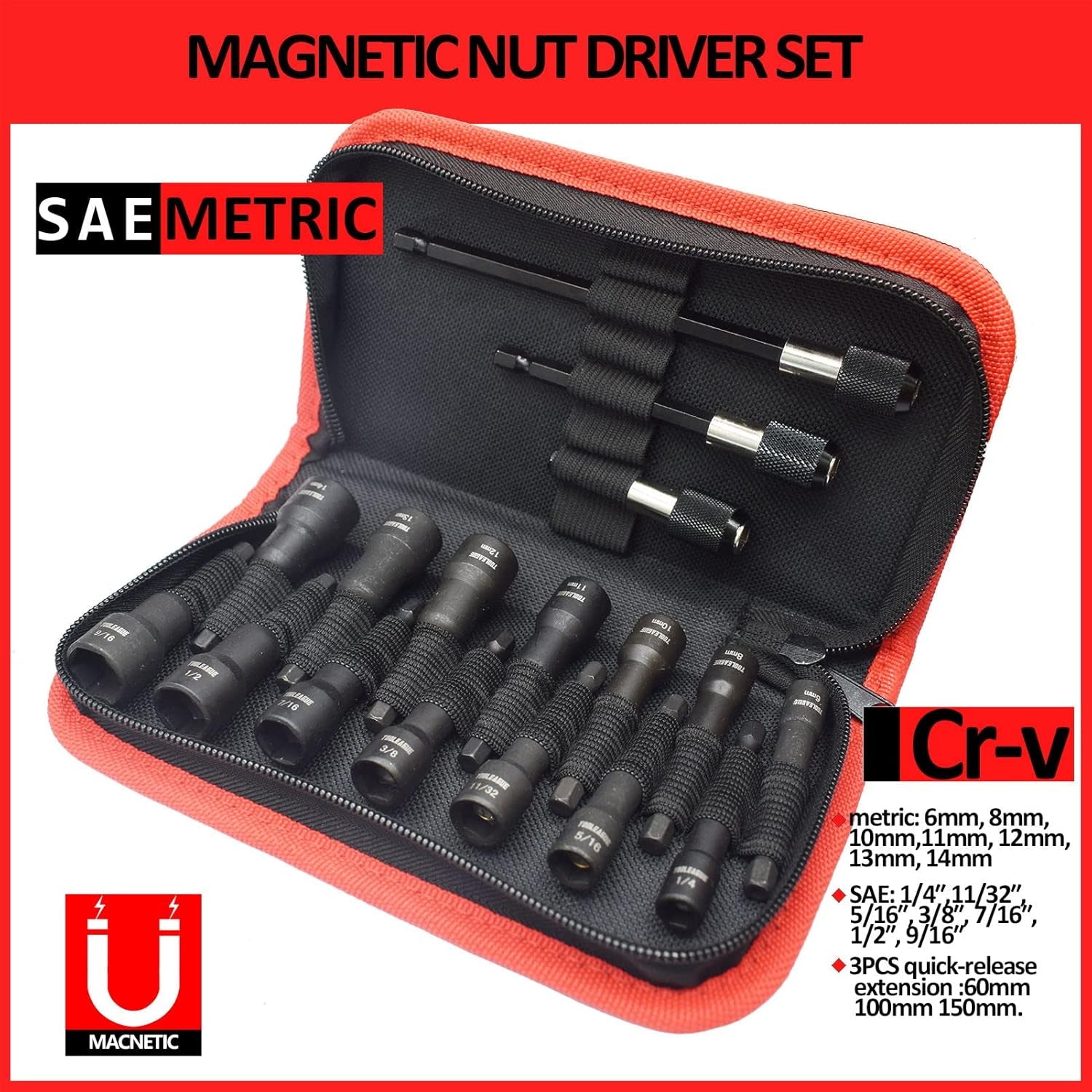 17Pcs Magnetic Nut Driver Set for Impact Drill Cr-V Steel 1/4" Quick-Change Hex Shank Metric/Sae Screwdriver with Storage Bag