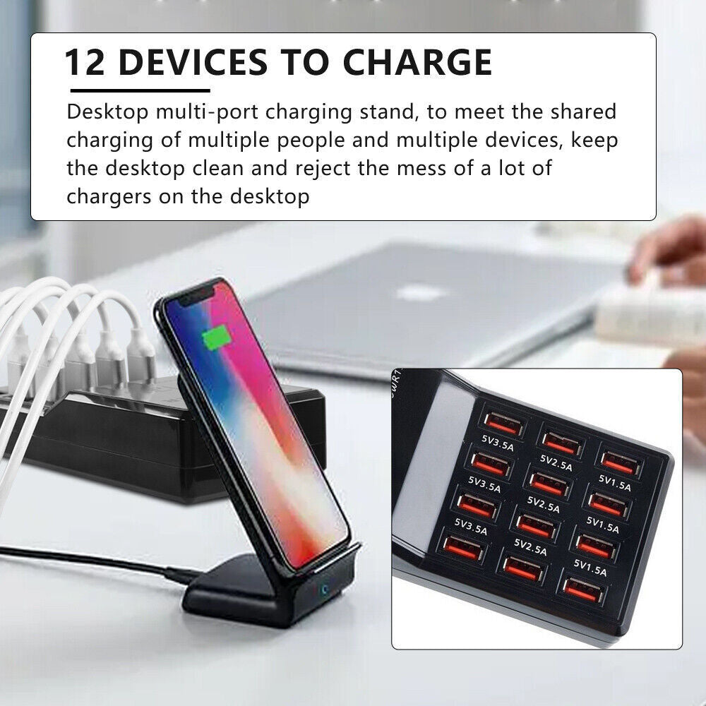 Multi 12 Port USB Charging Station Hub Desktop Wall Cell Phone Charger Organizer