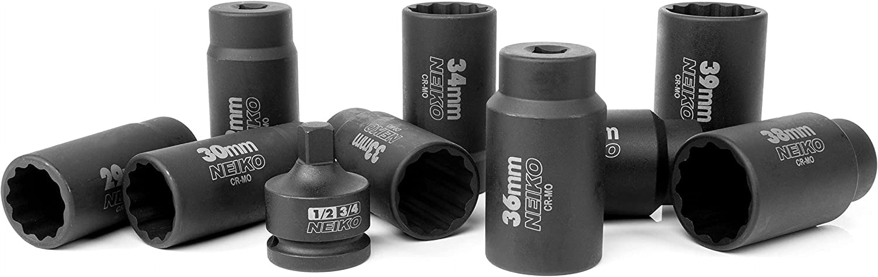 02531A 10 Piece 12 Point Socket Set 1/2” Drive, Lug Nut Remover, Spindle Nut Socket, Axle Nut Socket Set, Metric 29-39Mm Socket 1/2 Drive Impact Set, Cr-Mo Impact Adapter, 3/4" -1/2” Reducer