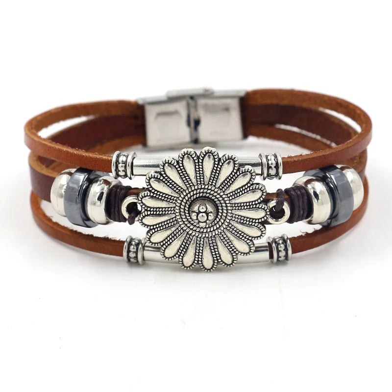 Trendy Punk Multilayer Leather Bracelet Female Fatima Hand Sun Flower Leaf Alloy Accessories Charm Jewelry Wristband Gift