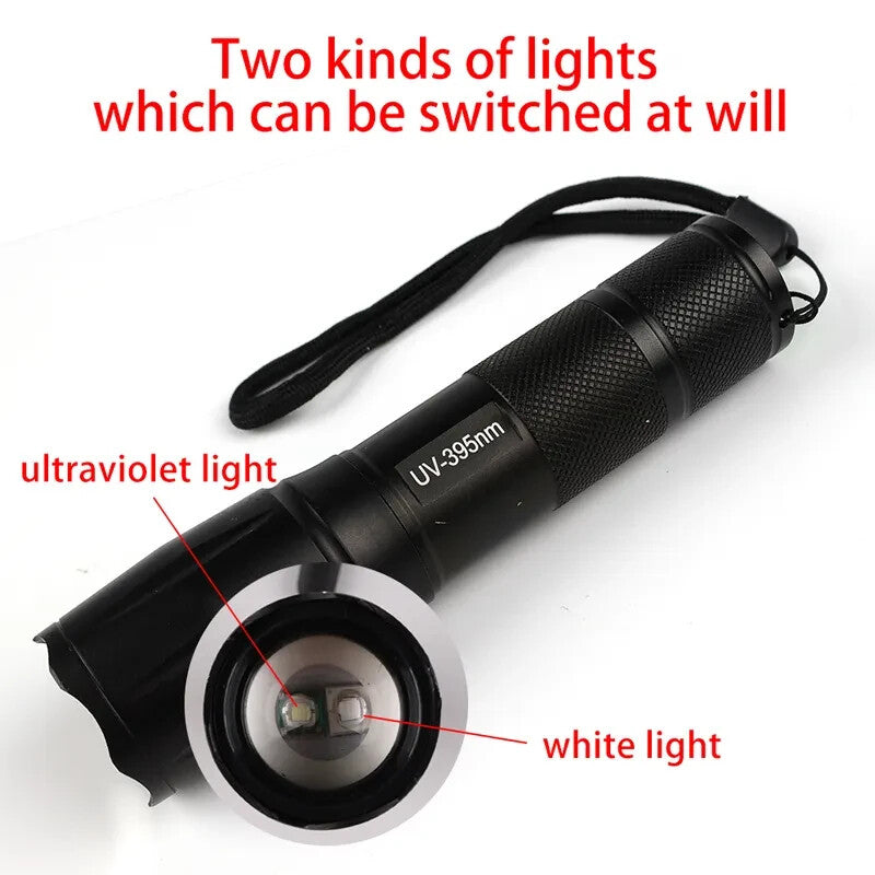 UV Flashlight LED Torch Zoomable Ultra Violet Black White Dual Light Detector