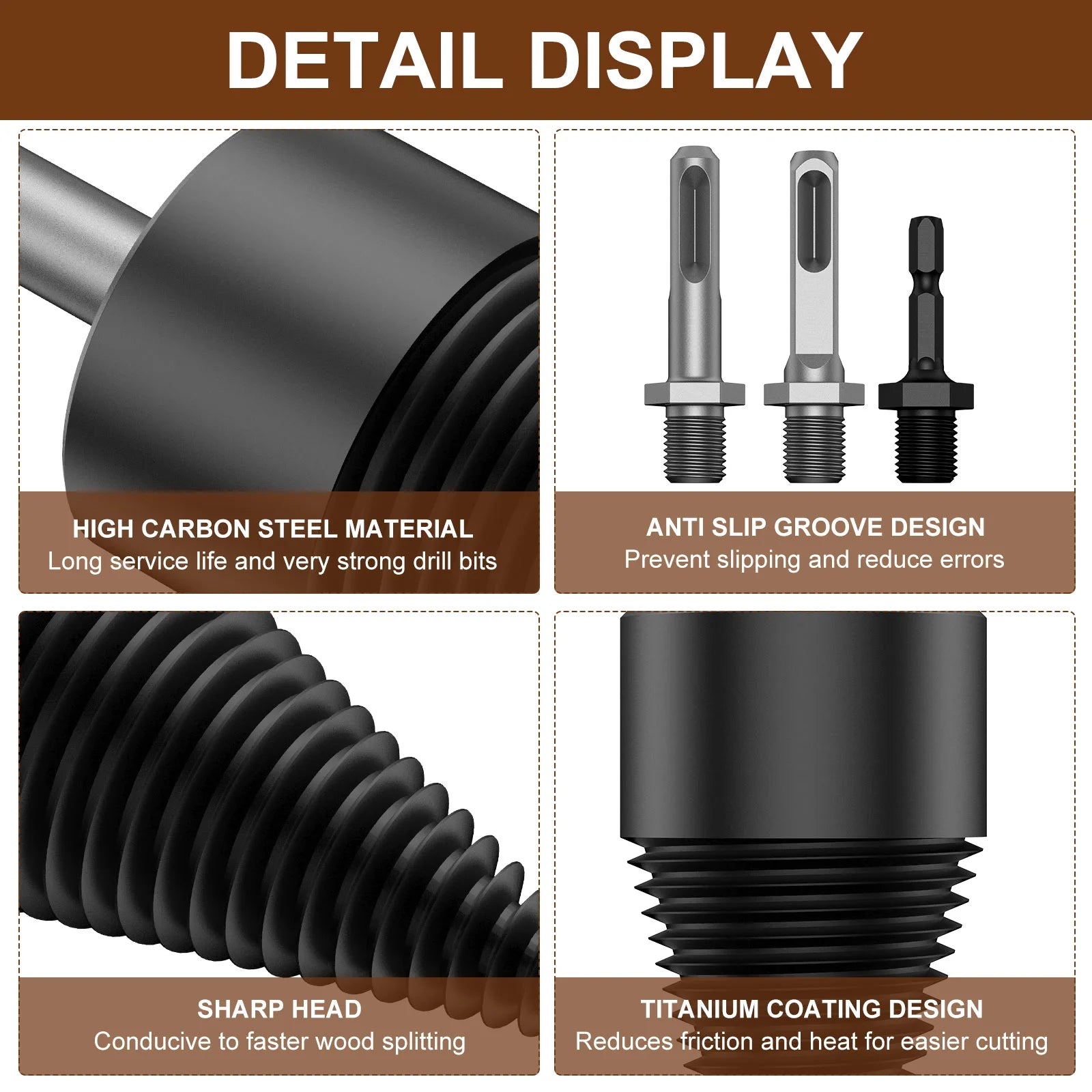 Wood Splitting Drill Bit High Speed Steel Firewood Log Splitter Drill Bit Wood Punch Cone Driver Drill Bit Woodworking Tool with Connecting Rod for Electric Drill Power Tool