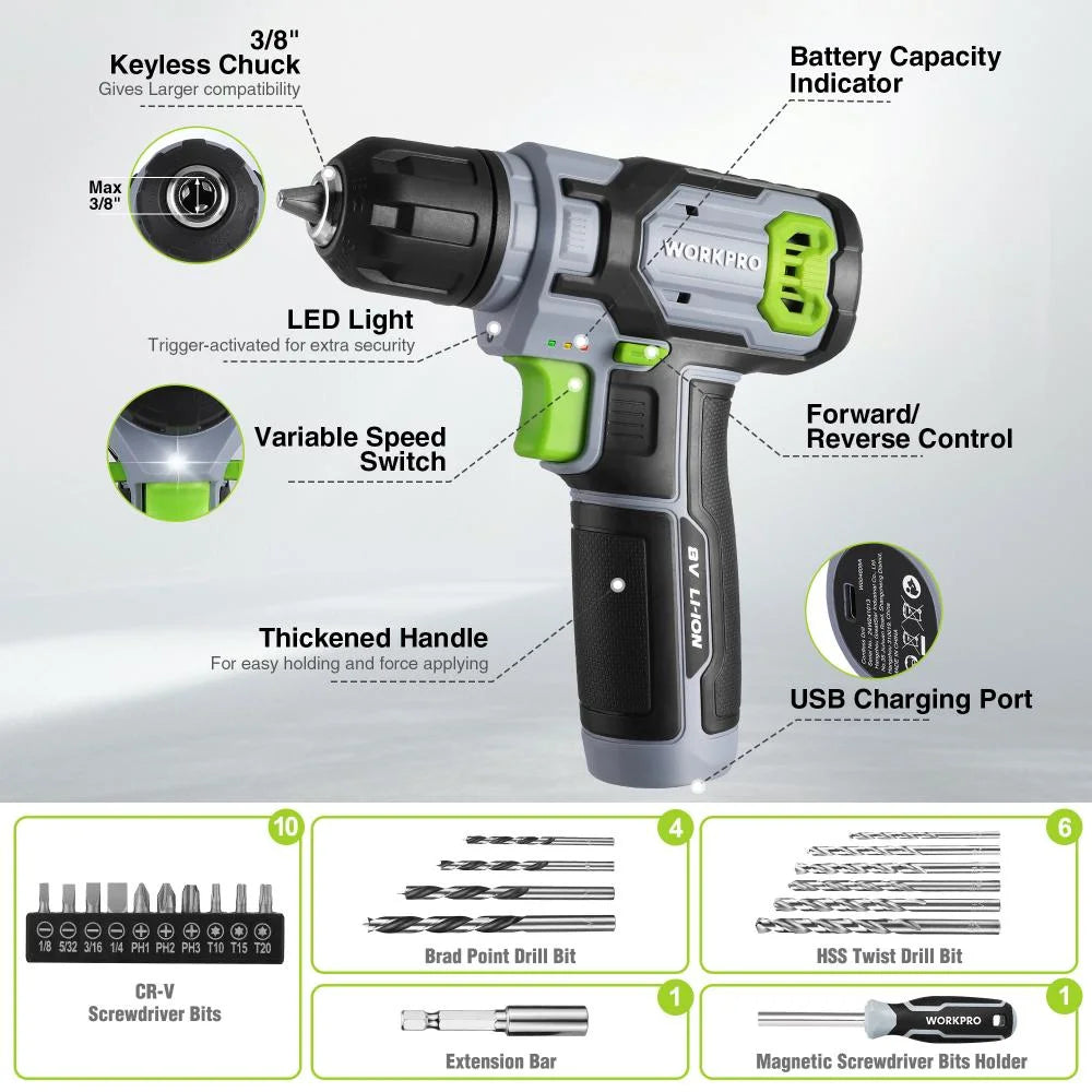 43PCS Cordless Lithium-Ion Drill Driver and Toolbox, 8V 2.0 Ah Power Drill Set with Household Hand Tool Kit, Battery Powered Screwdriver with Stackable Tool Box, Home Tool Set for Repair, DIY
