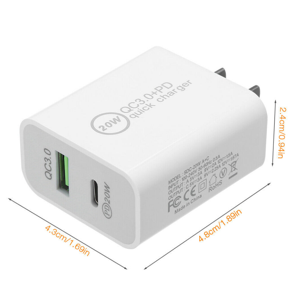 1000X Lot 20W PD Fast Wall Charger Dual Port Adapter USB C QC for Iphone Samsung