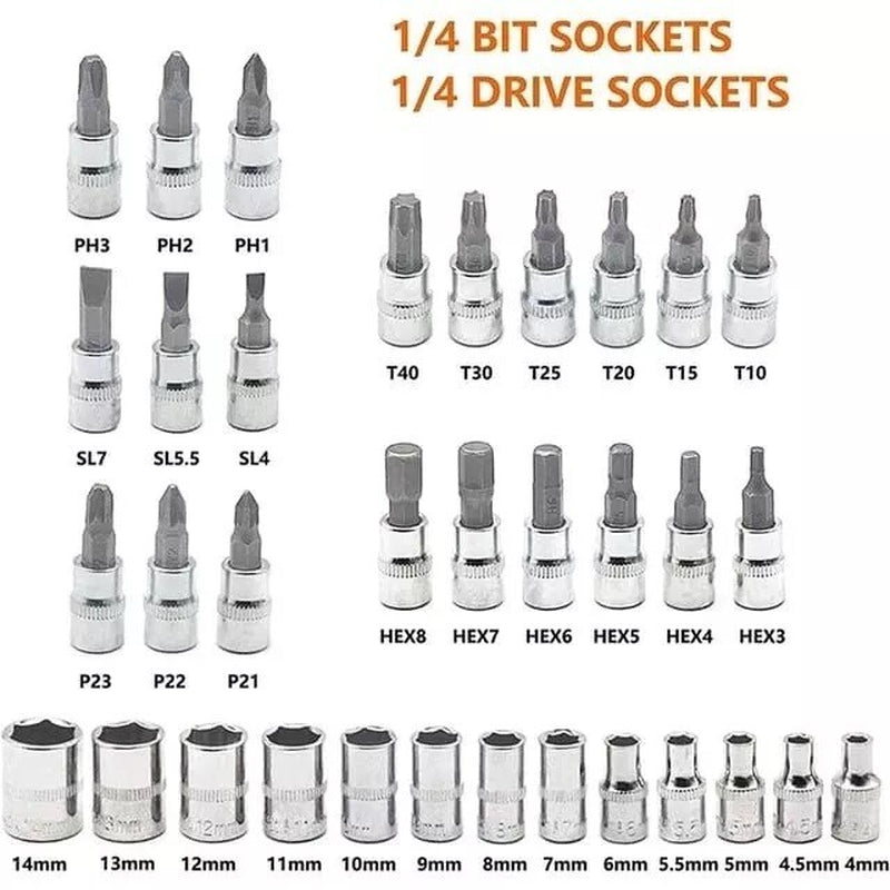 46Pcs Socket Set Car Repair Tool Ratchet Torque Wrench Kit 1/4" Drive with Box