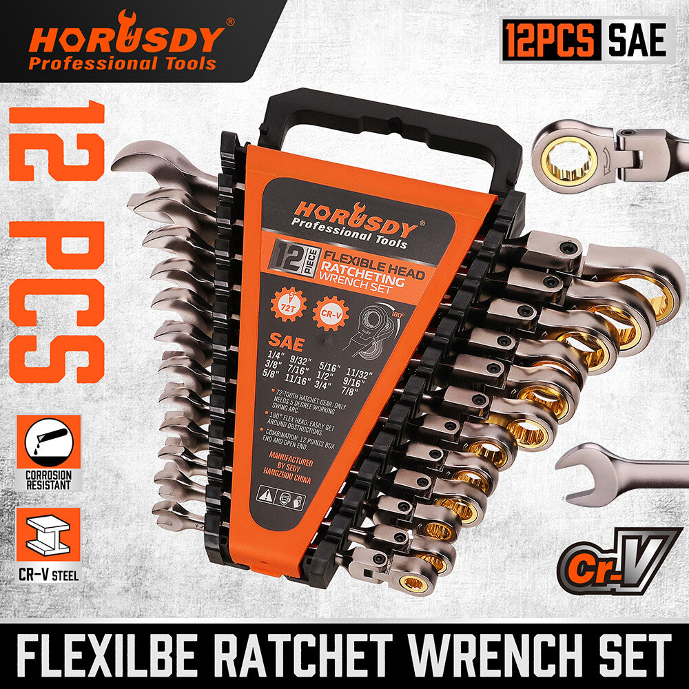 12PC Flex-Head Ratcheting Wrench Set Set W/ Organizer Metric/Sae 8-9Mm 1/4”-7/8“