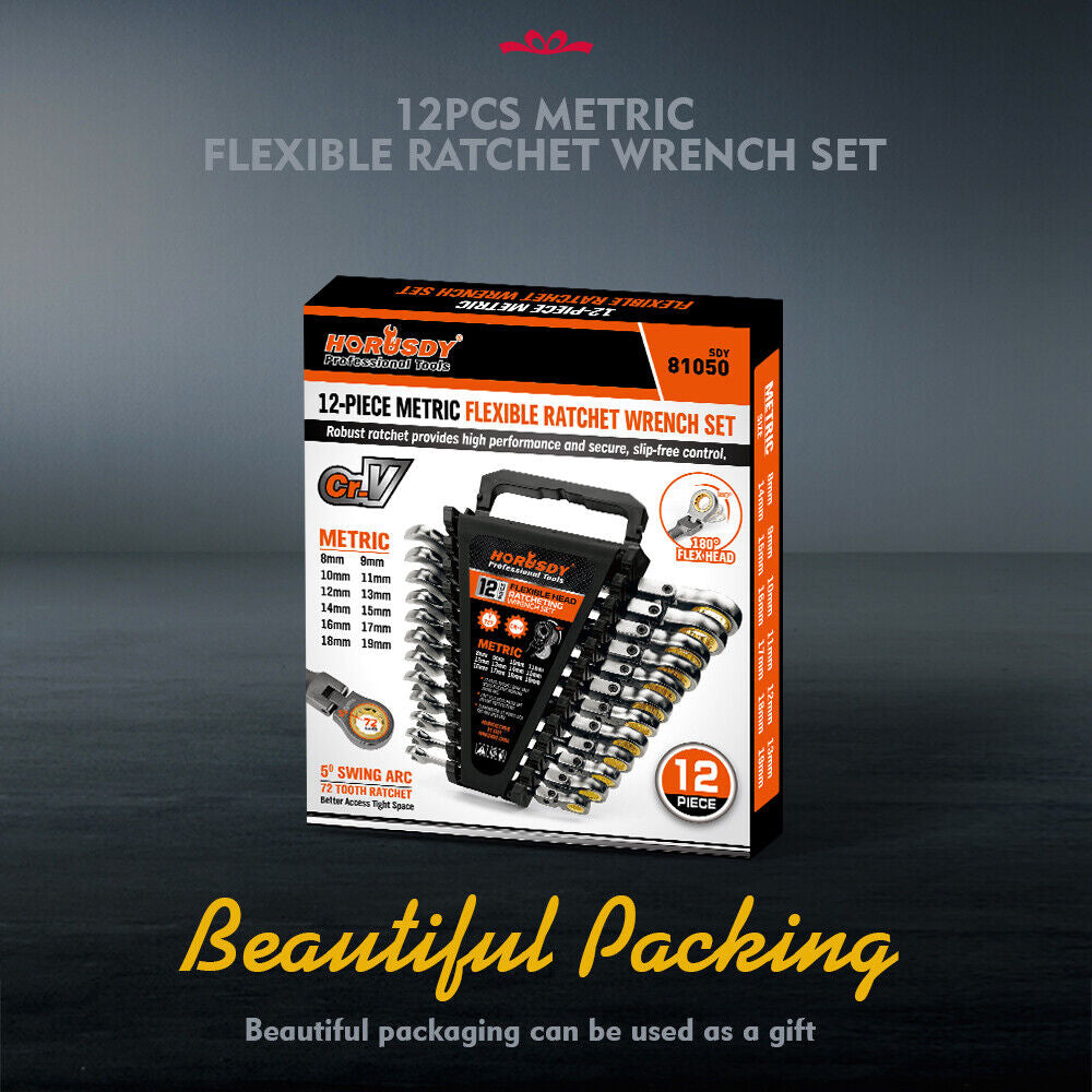 12PC Flex-Head Ratcheting Wrench Set Set W/ Organizer Metric/Sae 8-9Mm 1/4”-7/8“