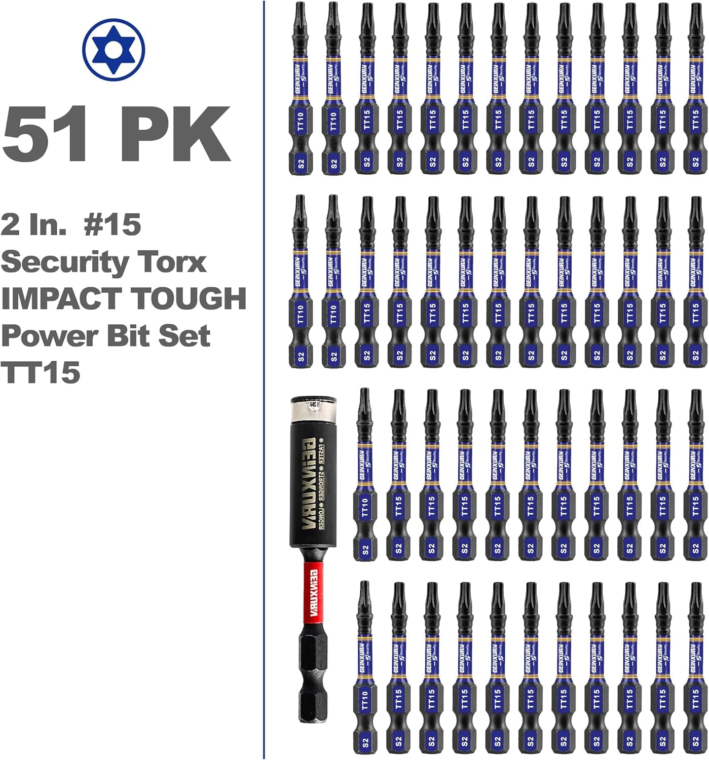 2 In. Security T15 Impact Magnetic Screwdriver Bit Set, 51 Pieces #15 Torx Head Power Bit Set, S2 Alloy Steel Hollow Star Bit Set with 1 Pcs Impact Bit Holder