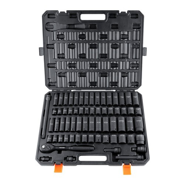 VEVOR Impact Sockets Set 65Pcs 6-Point 1/2In Drive Bit Ratchet Tool Kit Case