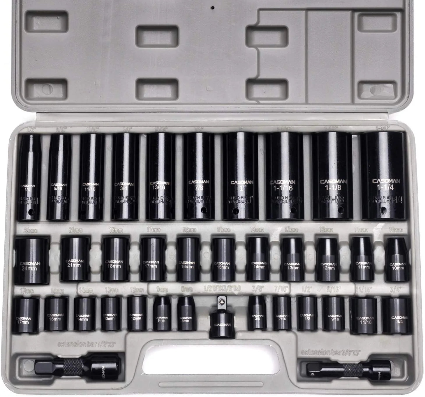 Complete 3/8" and 1/2" Drive Impact Socket Set, Sae/Metric, High Torque, 3/8"- 1-1/4", 8 Mm - 32 Mm, Deep & Shallow, 38-Piece Impact Socket Set