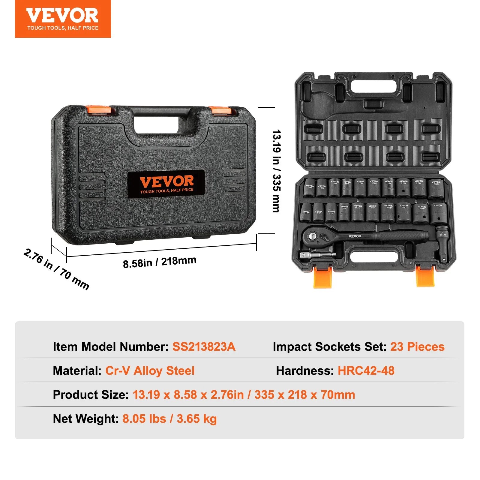 VEVOR 1/2 Drive Impact Socket Set, 23 Piece Socket Set SAE £¨7/16 -1£©& Metric £¨13-24Mm£©6 Point Cr-V Alloy Steel for Auto Repair with Ratchet Handle Rugged Construction Storage Case