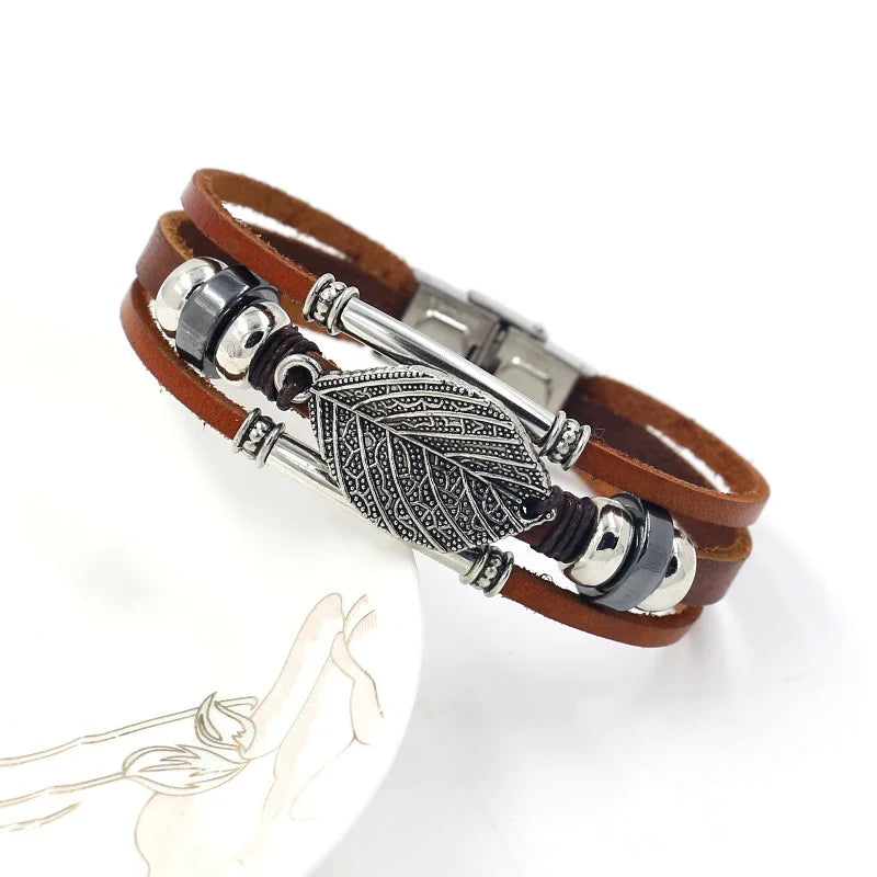 Trendy Punk Multilayer Leather Bracelet Female Fatima Hand Sun Flower Leaf Alloy Accessories Charm Jewelry Wristband Gift