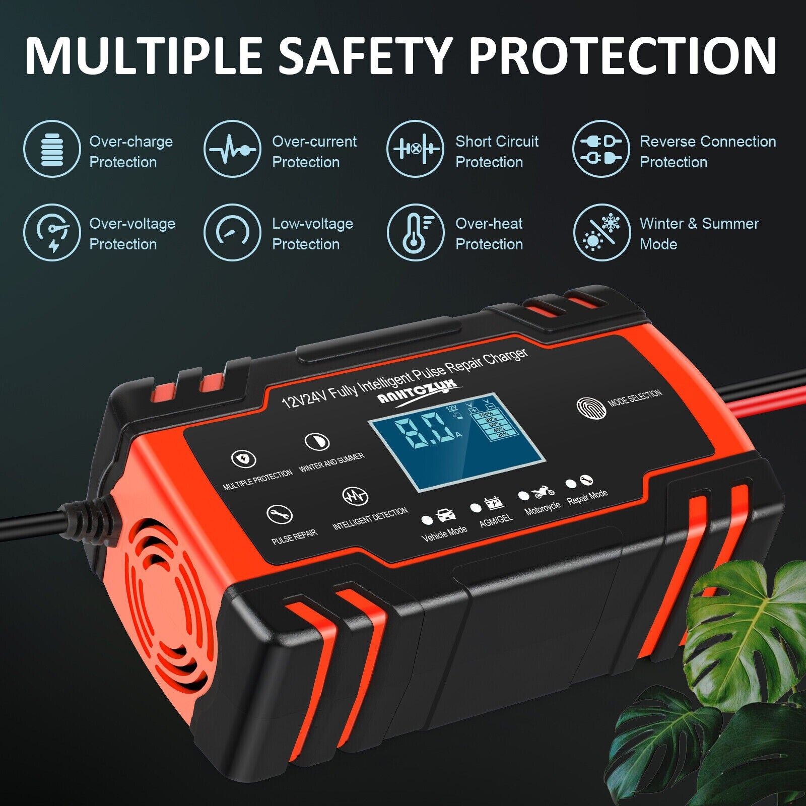 Automatic Intelligent Car Battery Charger 12/24V 8A Pulse Repair Starter AGM/GEL