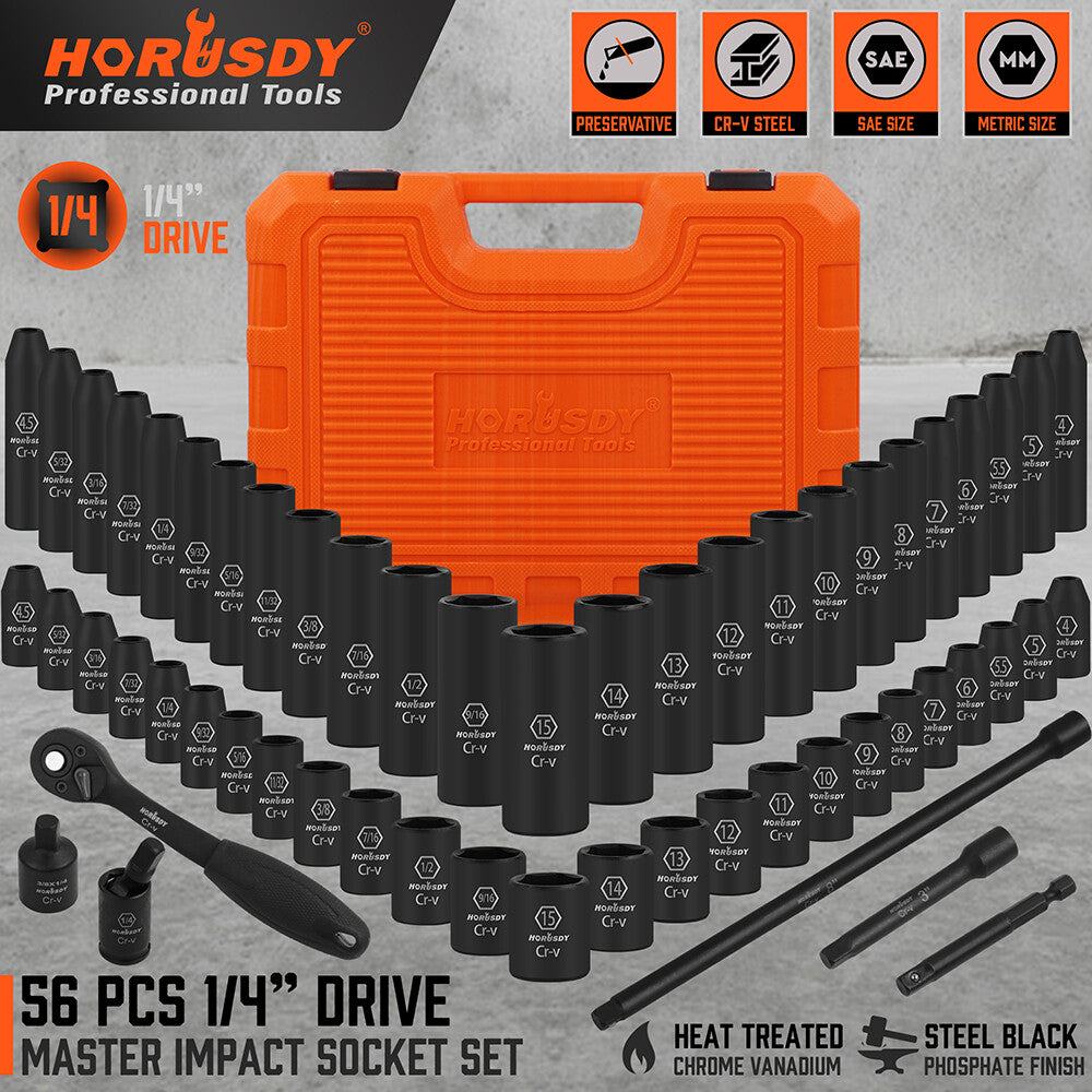56PC 1/4" Drive Impact Deep Socket Set Extension Bar Universal Joint SAE Metric