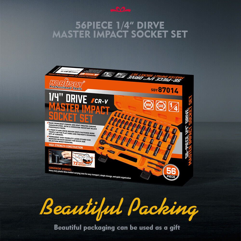56PC 1/4" Drive Impact Deep Socket Set Extension Bar Universal Joint SAE Metric