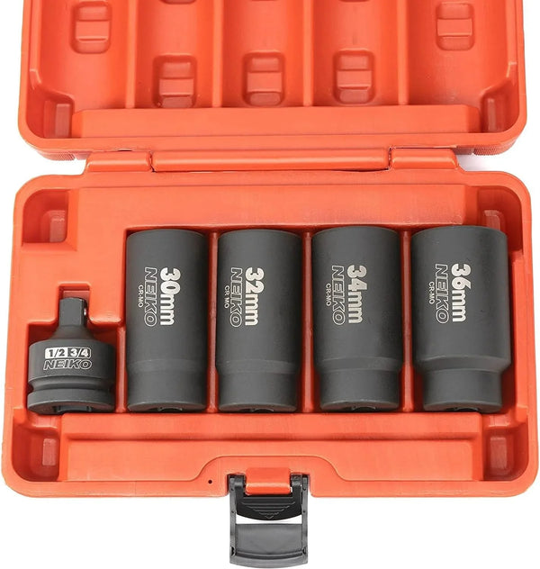 02530A 5 Piece 12 Point Socket Set 1/2” Drive, Lug Nut Remover, Spindle Nut Socket, Axle Nut Socket Set, Metric 30Mm - 36Mm Socket 1/2 Drive Impact Set, Cr-Mo Impact Adapter, 3/4" -1/2” Reducer