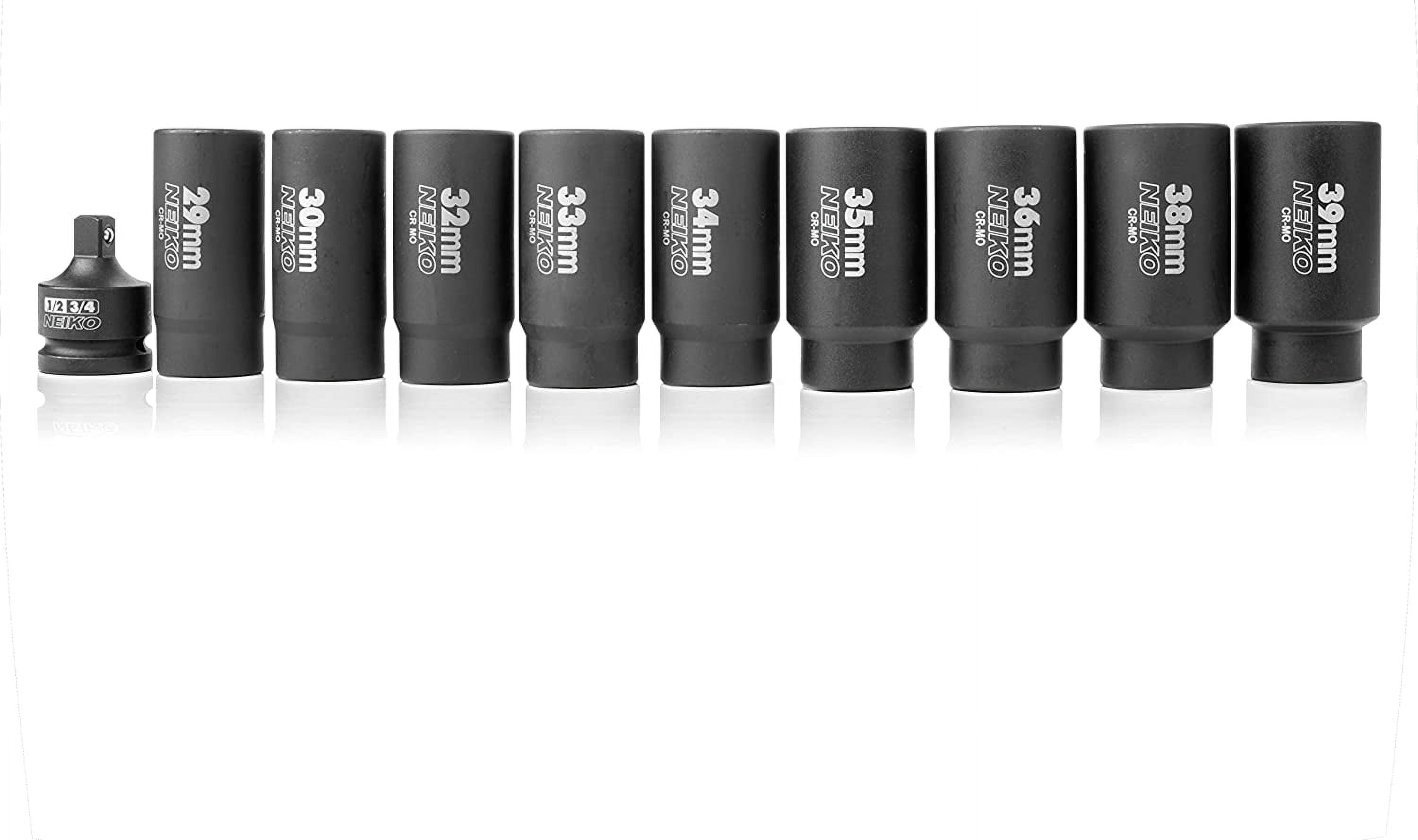 02531A 10 Piece 12 Point Socket Set 1/2” Drive, Lug Nut Remover, Spindle Nut Socket, Axle Nut Socket Set, Metric 29-39Mm Socket 1/2 Drive Impact Set, Cr-Mo Impact Adapter, 3/4" -1/2” Reducer