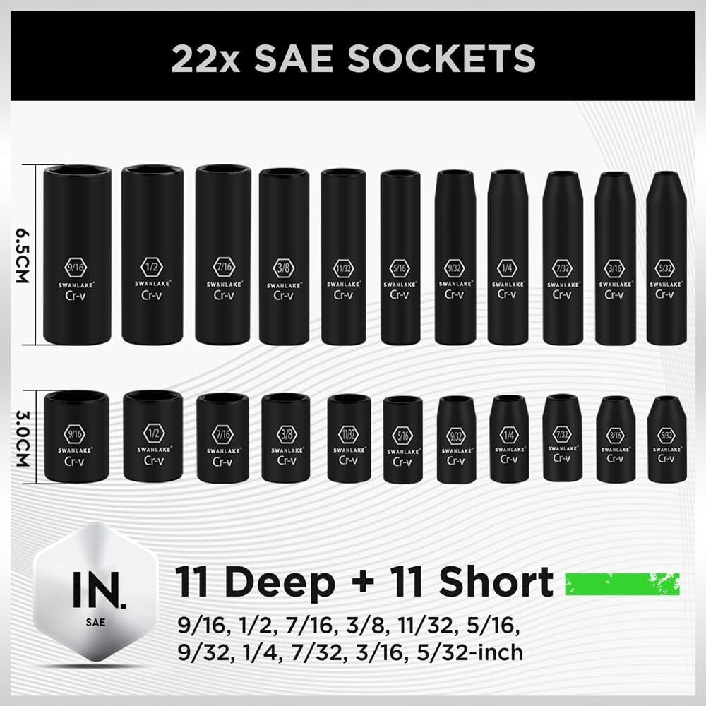 1/4" Drive Impact Socket Set, 56PCS Sae/Metric, Cr-V Steel, Ratchet & Extensions