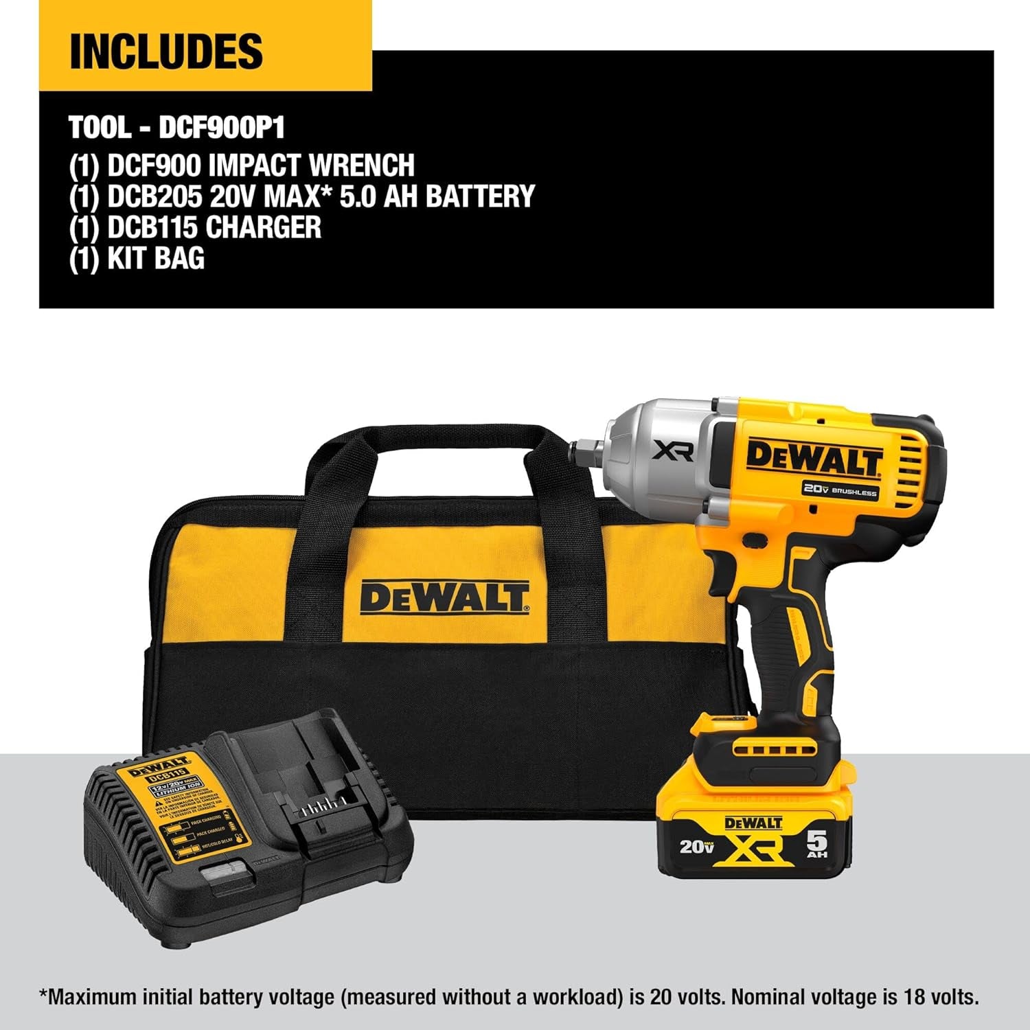 20V MAX Cordless Impact Wrench Kit, 20V MAX, 1/2" Hog Ring with 4-Mode Speed, Includes Battery, Charger and Kit Bag (DCF900P1)