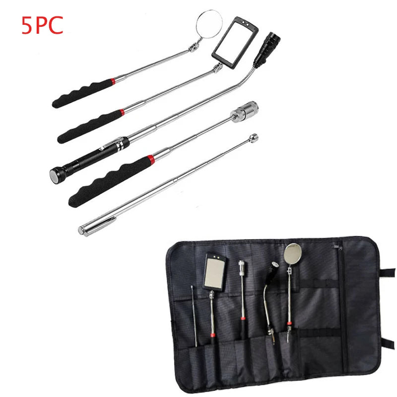 360° Inspection Mirror LED Light Telescoping Mirrors Extend Mechanic Tools Inspection Mirror Telescopic Handle Repairing Tools