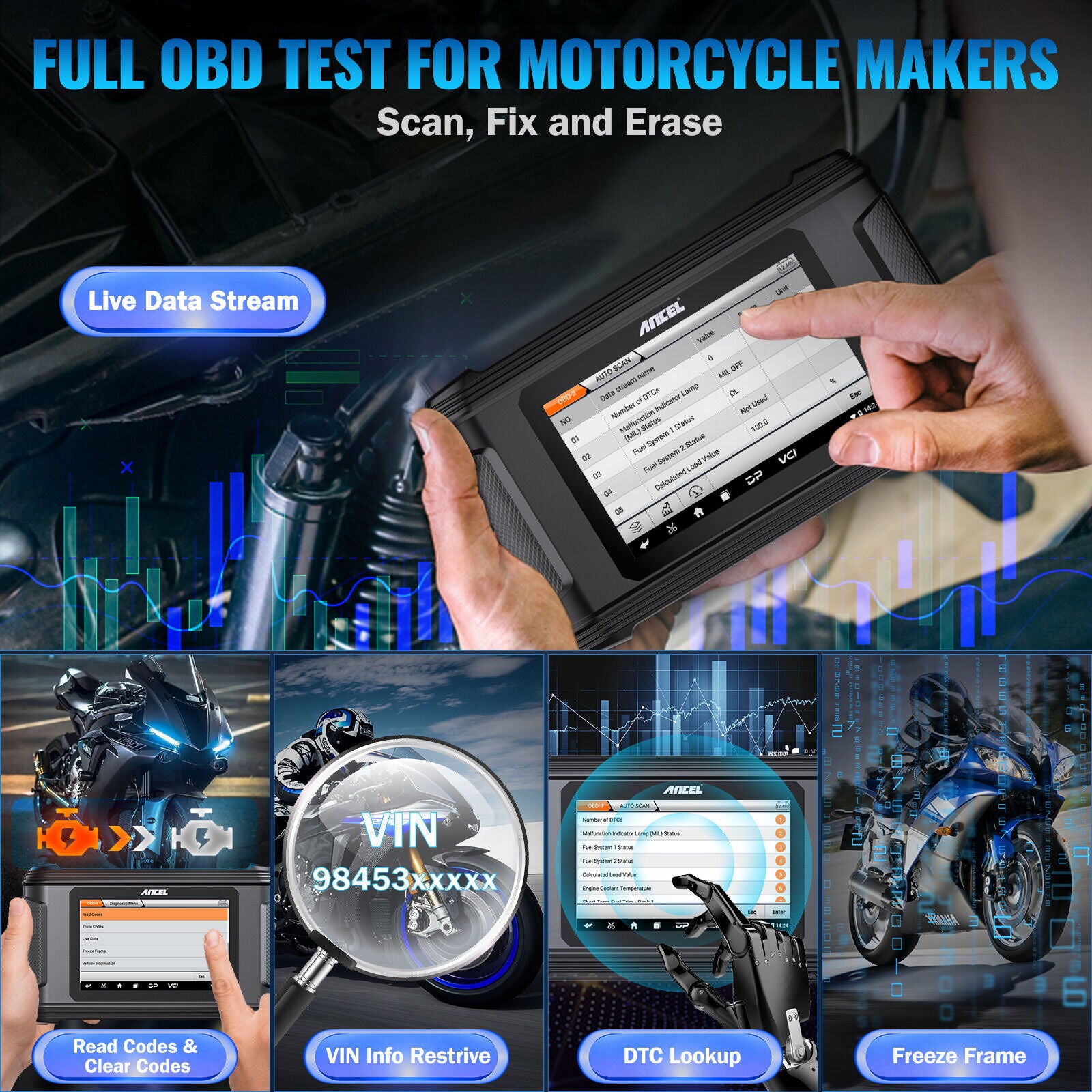 Motorcycle Diagnostic Tool Scanner Coding Fit for HARLEY POLARIS KAWASAKI YAMAHA