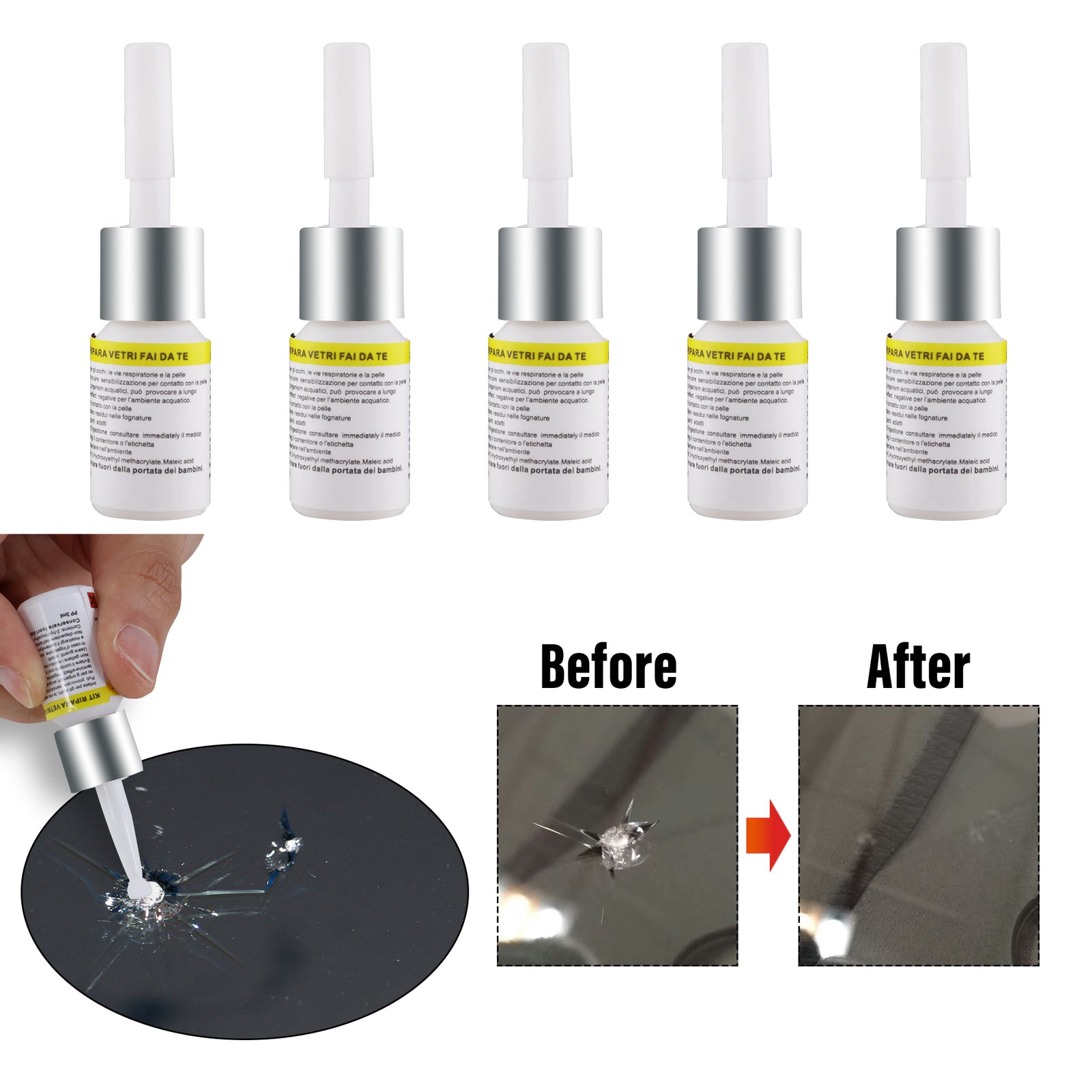 5 Pack White Auto Glass Nano Repair Fluid Car Windshield Resin Crack Tool Kit