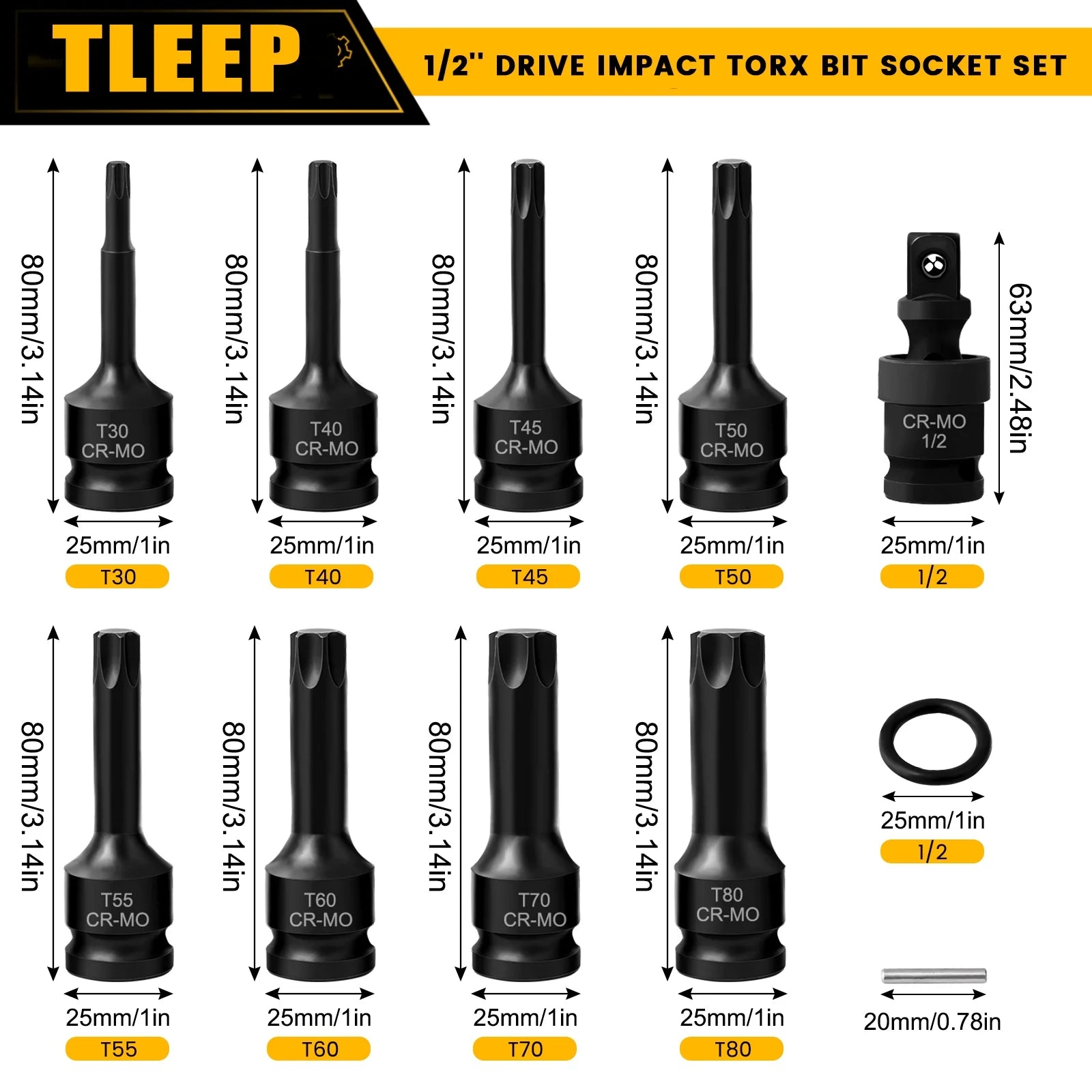 1/2 Inch Impact Torx Bit Socket Set,Cr-Mo Impact Grade,T30-T80 Torx Sockets with Socket Adapter