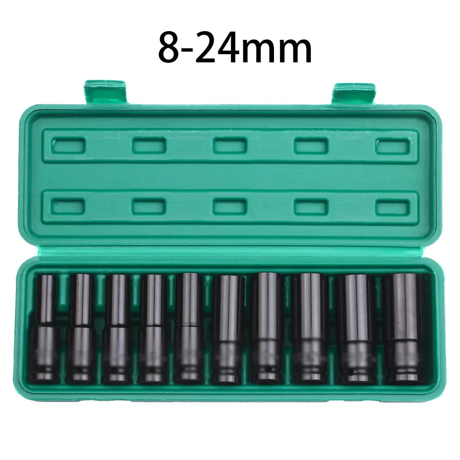 1/2Inch Drive 6-Point Impact Socket Set 10-Piece Metric Sizes 8-24M/10-24Mm Carbon Steel Impact Socket Set with Hard Storage Box