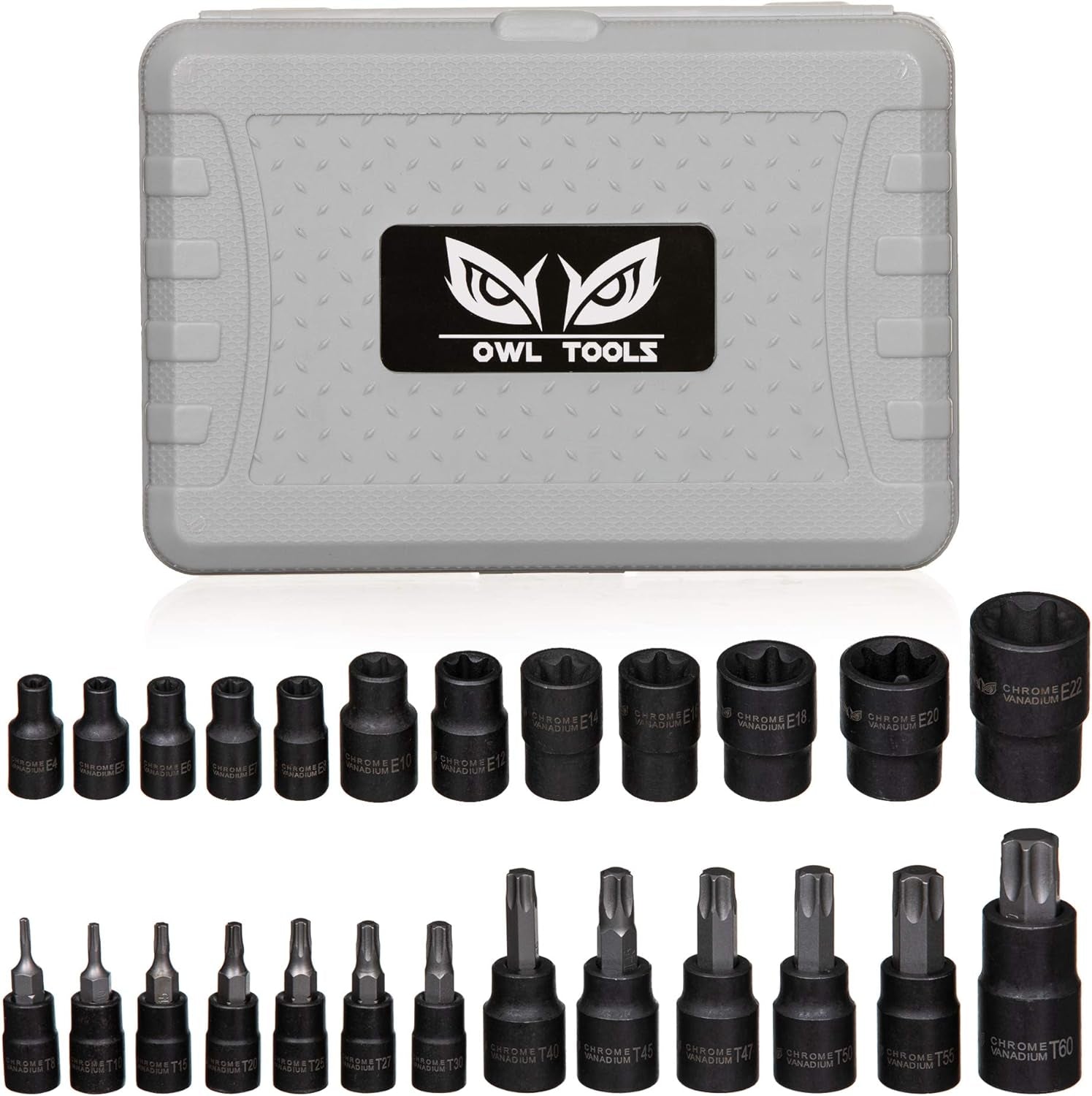 13 Star Socket Bits & 12 Female E Torx Sockets (25 PC) - Professional Auto & Motorcycle Mechanic Socket Set: 1/4", 3/8", 1/2" Drive, Torx Sockets